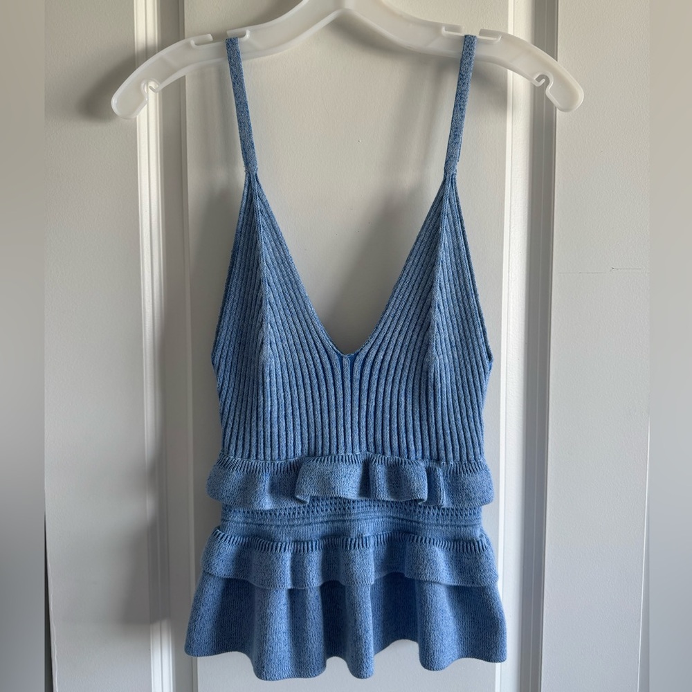 BCBGeneration Light Blue Ruffled Peplum Knit Tank - Picture 2 of 7